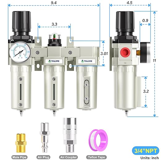 TAILONZ PNEUMATIC 3/4 Inch NPT Industrial Grade Three Stage Air Drying System, Coalescing Filter, 0-240PSI Desiccant Dryer and Air Regulator (Manual Drainage) - AquaVibe