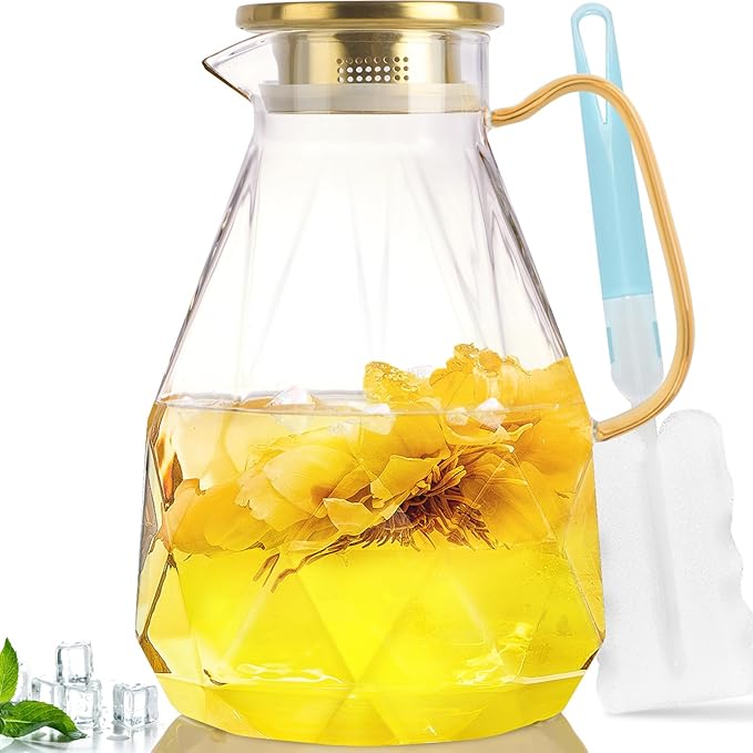 Yirilan Glass Pitcher, 1.6 Liter Water Pitcher With Lid, Iced Tea Pitcher for Fridge, Glass Water Carafe With Lid, Glass Water Jug, Small Drink Pitcher For Juice