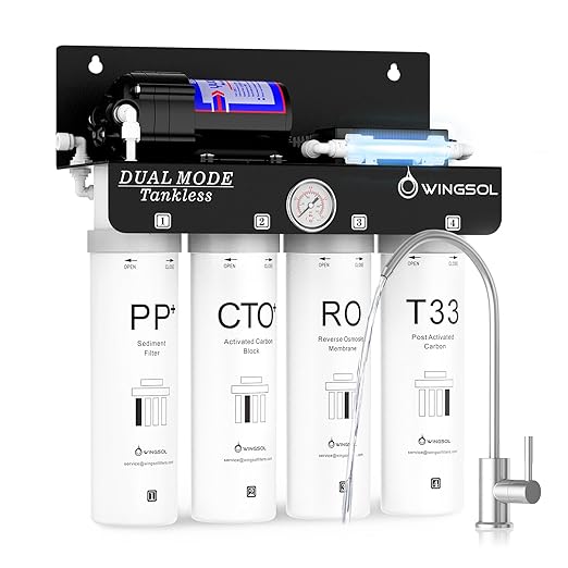 WINGSOL Reverse Osmosis Water Filter, 0 TDS UV Space-Saving Tankless RO System, 10-Layer Filtration Under Sink, NSF/ANSI 42&53&58 Certified, Easy-Change Filter, Plug-in Required - AquaVibe