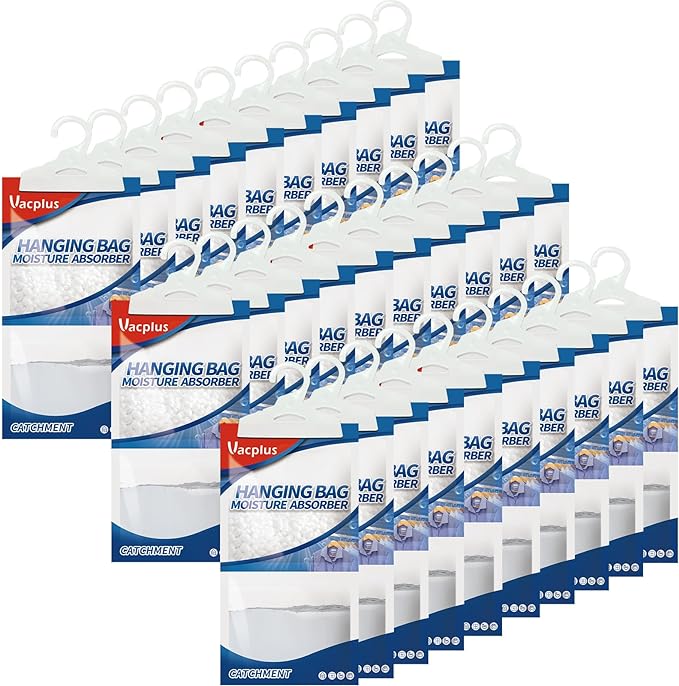 Vacplus Moisture Absorbers 30 Pack, Fragrance Free Hanging Humidity Packs with Sturdy Hook, Effective Closet Dehumidifier for Bathroom, Laundry Room, Basement, 9.8Oz