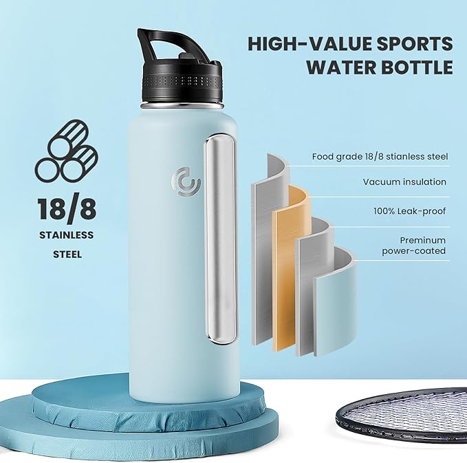 COKTIK 40oz Sports Water Bottle, Stainless Steel Water Bottle for Insulated, Reusable Travel Bottle, With Straw, With Handle Grip for Easy Carrying, Suitable for Cycling, Outdoor Vacations(FOG)