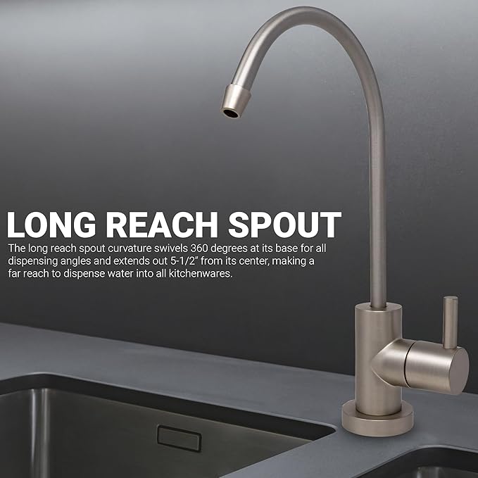 Non-airgap RO Faucet Reverse Osmosis Drinking Water Filtration System Water Dispenser Spout (Satin Nickel). Euro Style with Faucet Wrench. NSF Certified.