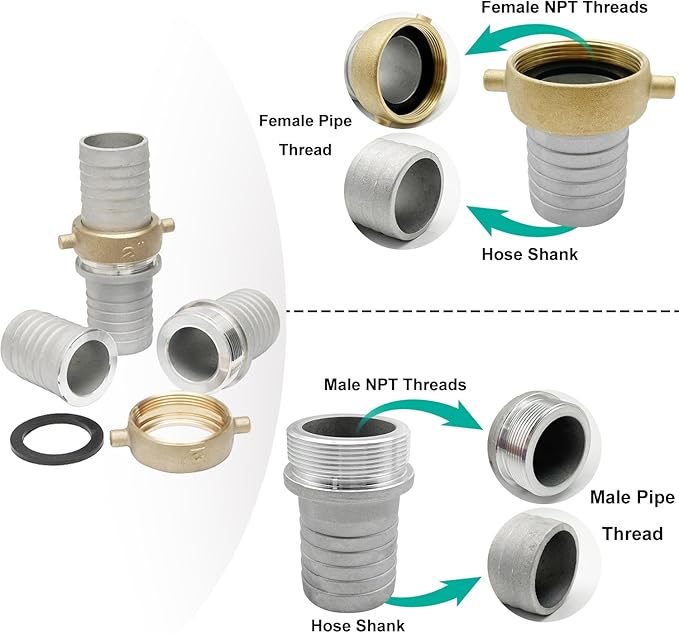 SAFBY 2PCS 2 inch Type C and Type E, Pin Lug, Aluminum Cam Lock Fittings Cam Groove Camlock, Male and Female Adapter with Hose Fitting 2PCS Whip Stop Hose Restraint 6PCS Hose Clamps