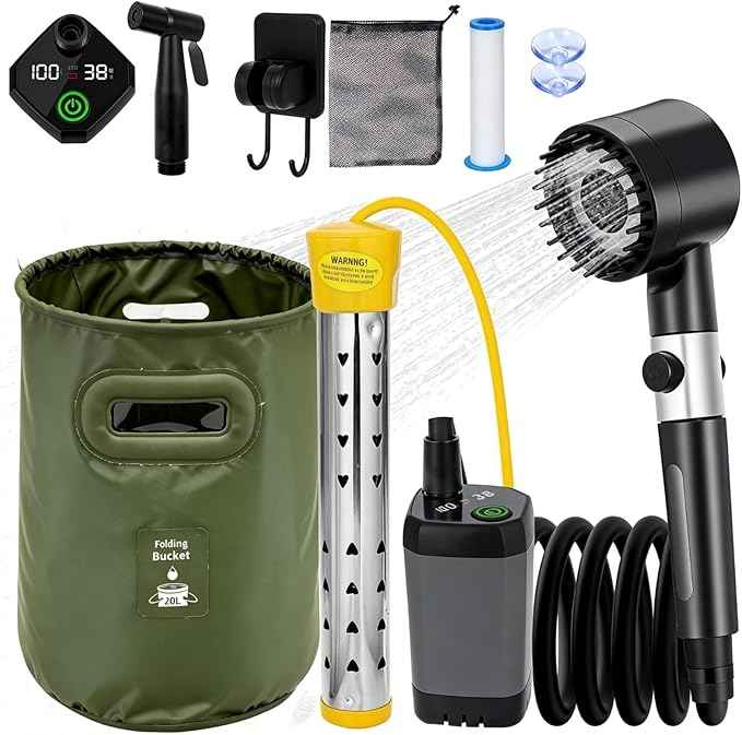 Portable Shower with Heater, 6000mAh Battery-Powered Portable Camping Shower Pump with 1500W Auto-Off Heater, 5.3Gal Foldable Bucket, Digital Display – Ideal for Hiking, RV, Dog Bathing