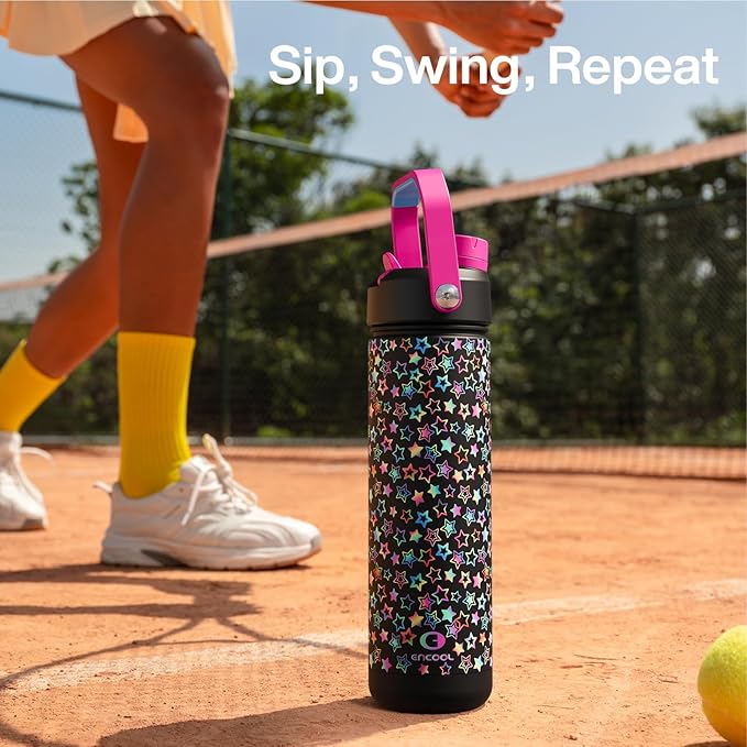 ENCOOL Insulated Water Bottle with Straw Stainless Steel Water Bottle, Glow in the Dark, Leak-Proof, BPA-Free, Keeps Cold for 24 Hours for Sports, Travel, School (26 oz, Neon Starfall)