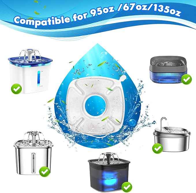 16 Pcs Cat Water Fountain Replacement Filters, 8 Pack Pet Fountain Filters 8 Pack Pre- Sponges Fit for 67oz, 95oz, 135oz Automatic Pet Fountain Dog Water Dispenser