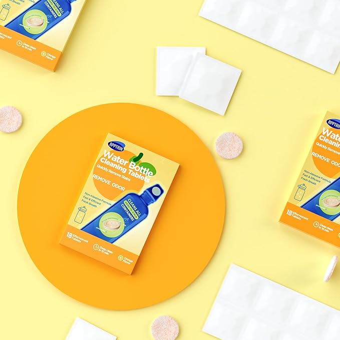 Water Bottle Cleaning Tablets, 18 Pack Bottle Clean Tablet Hydration Bladder Cleansing Tablets for Hydration Bladder, Water Bottle, Individually Packed, Orange Flavor