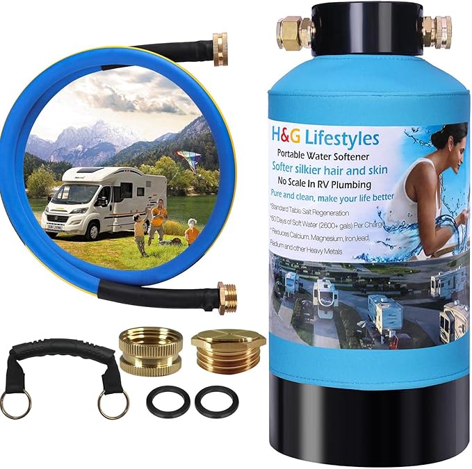 H&G lifestyles Portable Water Softener for RV with Water Hose,5A Food-Grade 3/4" Brass Fittings 2600 Gallons Softens Hard Water Filtration System for Boats Mobile Car Washing Camping Must Haves 2025