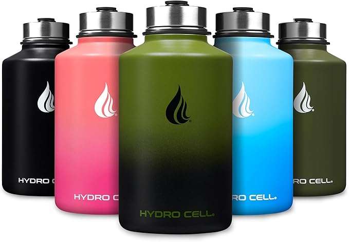 HYDRO CELL Stainless Steel Insulated Water Bottle with Straw - For Cold & Hot Drinks - Metal Vacuum Flask with Screw Cap and Modern Leakproof Sport Thermos for Adults (Army/Black 64oz)