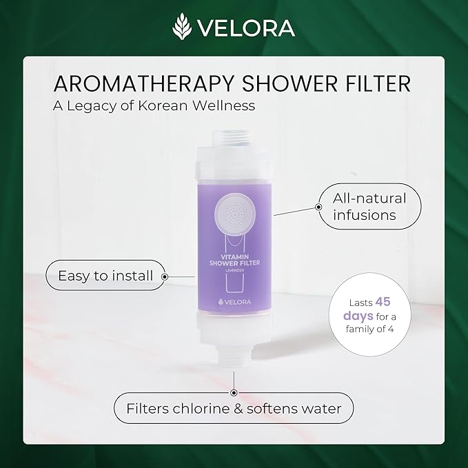 VELORA Vitamin C Shower Filter - Lavender-Scented Aromatherapy Shower Water Filter and Softener - Universal Showerhead Bathroom Attachment - Replenish Dry Skin, Soften and Nourish Hair