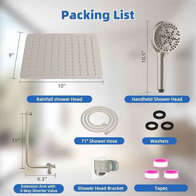 All Metal Shower Head, 10" High Pressure Rainfall/Handheld Shower Combo with 11" Extension Arm, 10-Spray Handheld Showerhead, 71" Long Hose, 3-Way Diverter Valve, Brushed Nickel