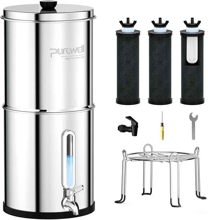 Purewell 2.25G Gravity-fed Water Filter System with 3 Filters, 3-Stage Ultra-Filtration Stainless Steel Countertop System with Water Level Window, Reduce 99% Chlorine, 9,000G Filter Capacity, PW-KS-3C