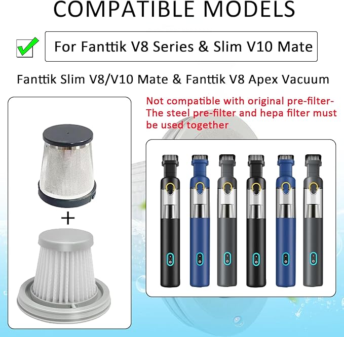 6 pack Washable Hepa with 2 pack Stainless Steel Pre-filter,Hepa Filter Replacement Compatible with Fanttik V8 Series (Fanttik Slim V8 Mate Vacuum & Fanttik V8 Apex Vacuum) - AquaVibe