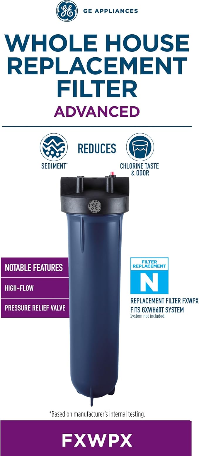 GE Whole House Advanced Replacement Filter, Fits GE GXWH60T System, Reduces Chlorine, Sand & Sediment for Better Water, High Flow, Easy Install, Twist & Lock Design, Replace Every 3 Months, FXWPX