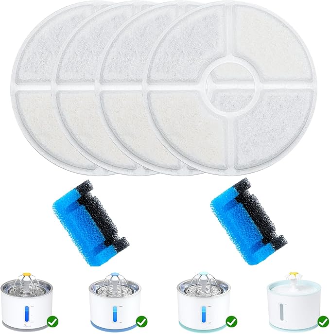 Wonder Creature Cat Water Fountain Filter Replacement, 4+2 Pack, Round Carbon Filters for 81oz/2.4L Stainless Steel Top Automatic Pet Fountain (4+2 Pack)