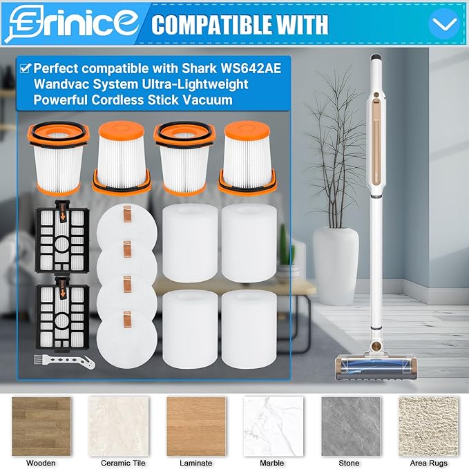 WS642AE Filter for Shark Wandvac Self-Empty Cordless Stick Vacuum WS642AE Replacement Part, 4 HEPA Filter + 4 Foam & Felt Filter + 2 Base Post-Motor Filter + 1 Cleaning Brush - AquaVibe