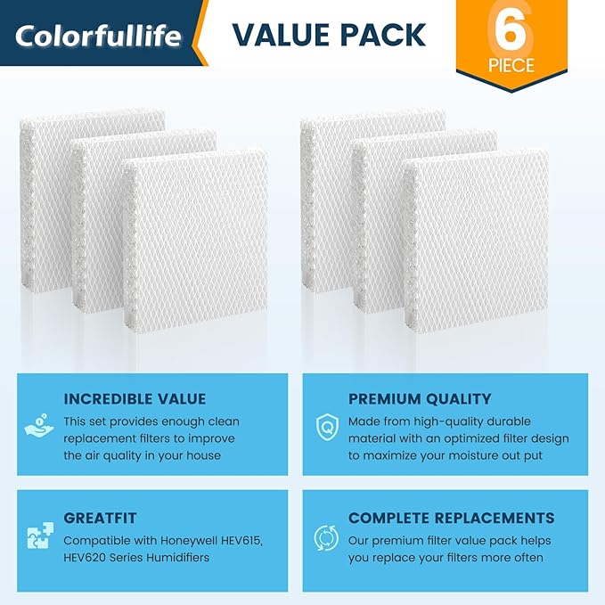 Colorfullife 6 Pack Humidifier Wicking Filter T for Honeywell Humidifier HEV615 HEV620 Series, for Honeywell HFT600 Humidifier Replacement Filter T, Replace Parts HFT600T & HFT600PDQ