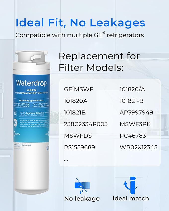 Waterdrop MSWF Refrigerator Water Filter, Replacement for GE® MSWF, 101820A, 101821B, RWF1500A, NSF 42&372 Certified, Pack of 3 - AquaVibe