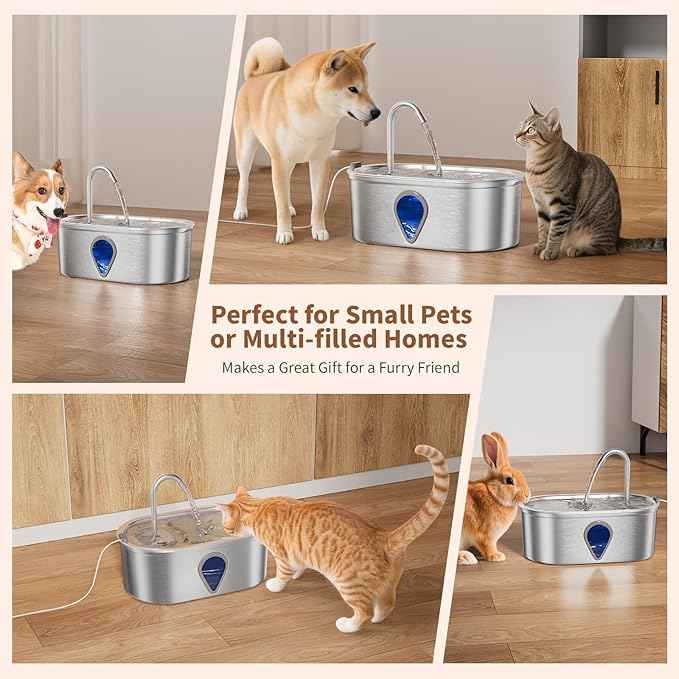 Cat Water Fountain Stainless Steel, 3.5l/118oz Cat Fountain with Water Level Window Silent Pet Fountain for Drinking, Automatic Cat Water Dispenser Indoor（118oz）