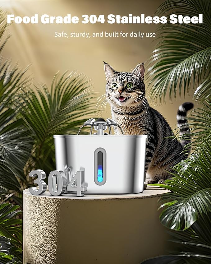 Cat Water Fountain Stainless Steel with 4 Filters & 4 Sponges, 74oz/2.2L Automatic Pet Drinking Fountain, Indoor Water Dispenser for Cats, Kittens, Small Dogs and Pets, Quiet Circulating Pet Fountain