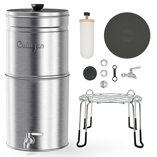 Culligan with MaxClear Technology 3 Gallon Gravity Water Filter System, Brushed Countertop Ceramic Water Filter NSF/ANSI Certified to Reduce Lead, Microplastics & Total PFAS, with 1 Filter