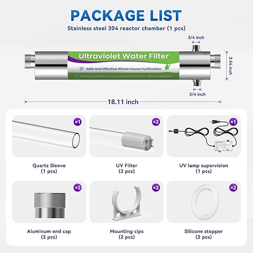 UV Water Filter Whole House 120V 55W, 12GPM High Flow, 3/4" MNPT Inlet/Outlet, Whole House Water Purifier + 1 Extra Replacement Bulb
