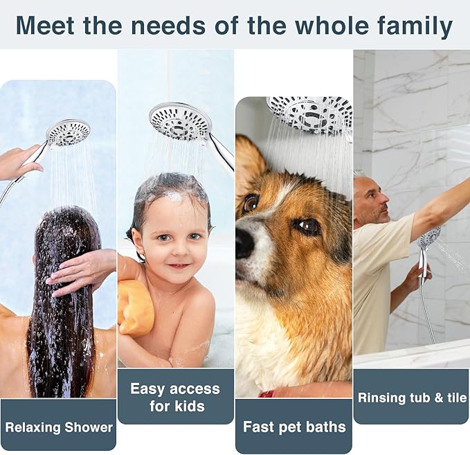 BRIGHT SHOWERS 9 Spray Settings Shower Head with Handheld High Pressure Hand Held Showerhead with 60 Inch Stainless Steel Hose and Adjustable Overhead Bracket, Chrome - AquaVibe
