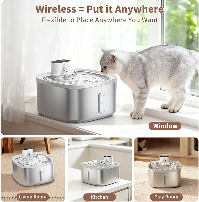 Cat Water Fountain Stainless Steel Wireless 118oz/3.5L–Cordless Battery-Operated Pet Water Dispenser with All-in-One Rechargeable Pump, 3 Smart Flow Modes,Quiet Indoor Fountain for Cats & Dogs
