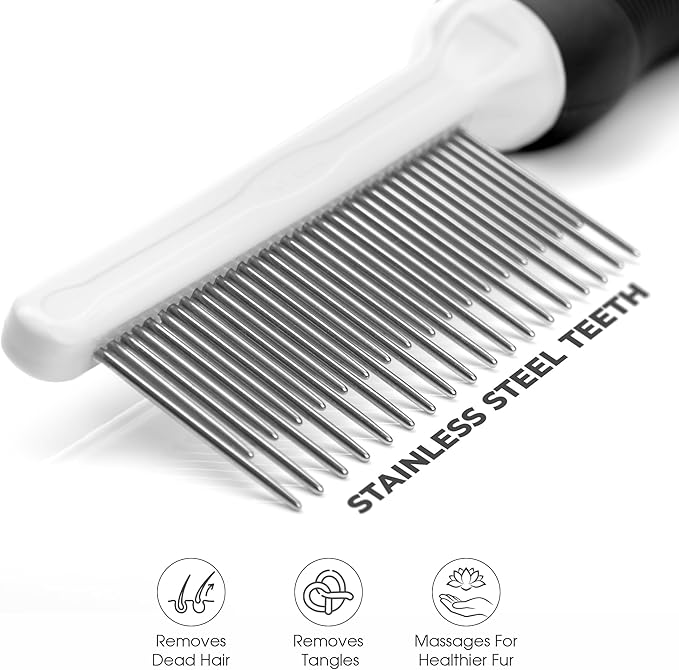 POODLIE Poodle Pet Dog Combs for Grooming Matting - Metal Comb for Dogs with Long & Short Stainless Steel Teeth - Dematting Comb for Cats to Remove Matted Hair & Knots, Black - AquaVibe