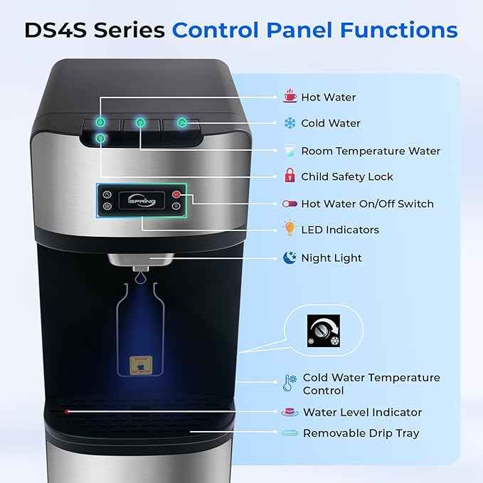 iSpring Bottleless Water Dispenser with Built-in 4-Stage Filtration, Chloramine Removal, Water Cooler Dispenser - Hot, Cold, Room Temp, Self Cleaning, Stainless Steel, Silver, Model: DS4S-NC
