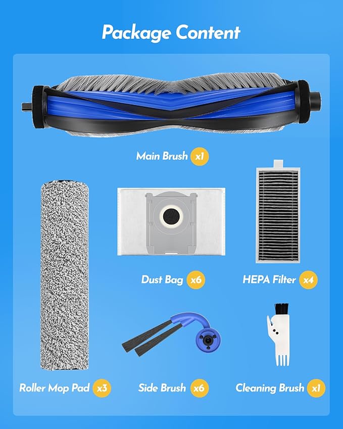 21 PCS Replacement Parts Compatible with Ecovacs Deebot X9 Pro Omni Robot Vacuum Cleaner, Accessories Kit: 1 Main Brush,6 Side Brushes,4 HEPA Filters, 6 Dust Bags, 3 Roller Mops, 1 Cleaning Brush - AquaVibe