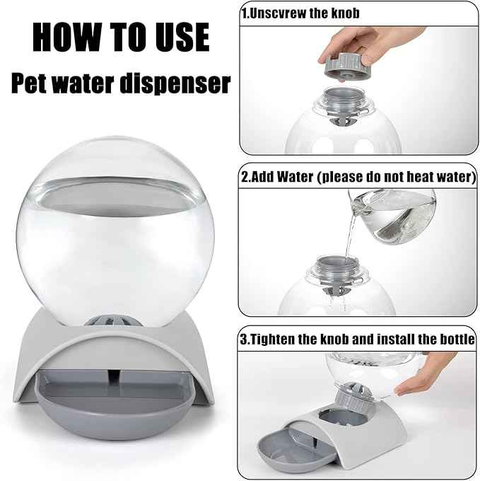 Pet Water Dispenser, 2.8L Automatic Gravity Cat Water Dispenser for Cats, Dogs & Rabbit, Detachable Cat Dog Water Dish Feeder with Spherical Waterer Bubble, Grey