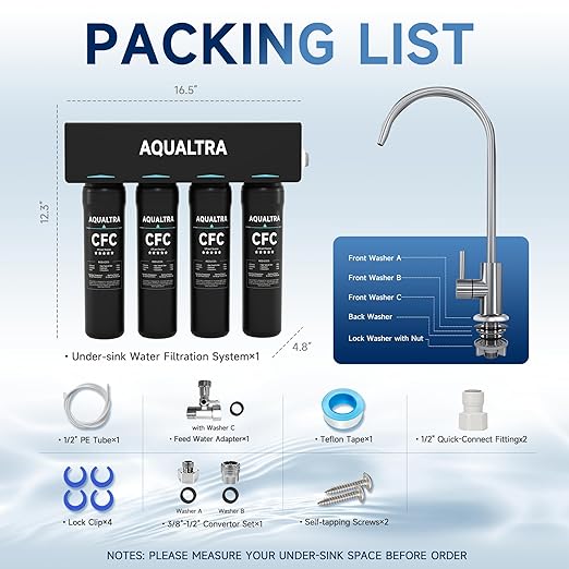 AQUALTRA USF-4F-10 Under Sink Water Filtration System, Commercial 65K Gallons with Faucet, 0.5 μm Carbon Fiber Filter Reduces Chlorine, Chloramine, Fluoride, Bad Taste & Odor