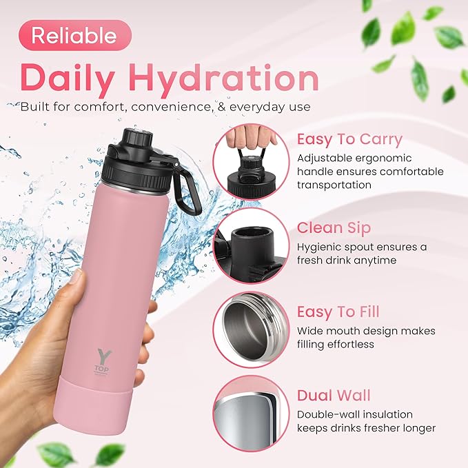 Y TOP 24oz Insulated Water Bottle Leak Proof Spout Lid Fits in Car Cup Holder – Double Wall Dishwasher Safe Easy Clean stainless steel drinking water bottle for Gym Kids Sports Travel Hiking School