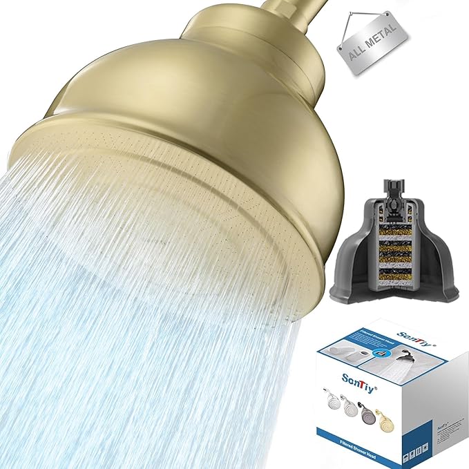 SonTiy Filtered Shower Head, All Metal Shower Filter Head For Hard Water Removes Chlorine, Improve Hair,Nails & Skin, Adjustable High Pressure Water Softener Showerhead, 6 Inch, Gold