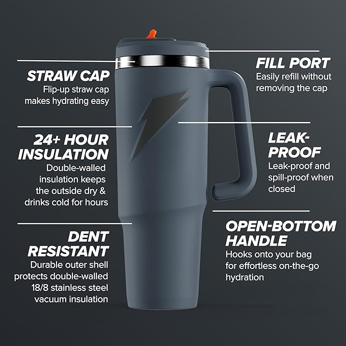 Gatorade Crossover Stainless Steel Tumbler Water Bottle, Graphite, Double-Wall Insulation, 36 fl oz