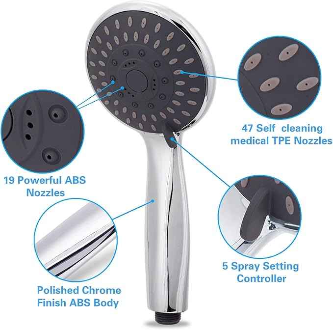 High Pressure Handheld Shower Head Briout 5-Settings Powerful Water Spray Shower Head against Low Pressure Water Flow with Stainless Hose and Adjustable Mount