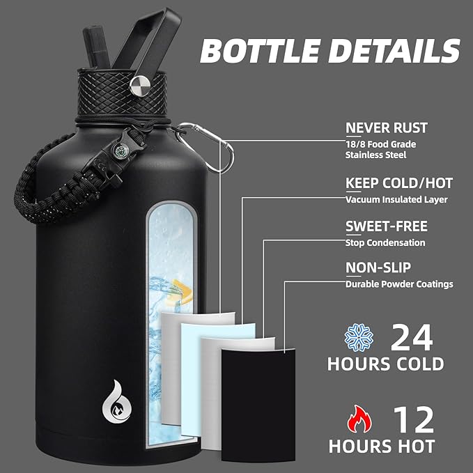 BJPKPK 2/3 Gallon Water Bottle with Straw Lid, 87oz Large, Stainless Steel Water Bottles with 3 Lids and Paracord Strap, Double Wall Vacuum Metal Jug, Black