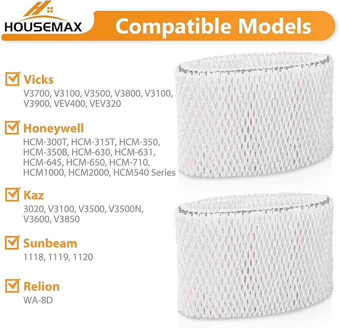 HOUSEMAX 2 Pack WF2 Humidifier Filter Replacements with 2 Humidifier Cleaning Fish, Compatible with Vicks V3100 V3500 V3600 V3700 V3800 V3900, Honeywell HCM-350, Kaz 3020, Sunbeam 1118, ECM-250i