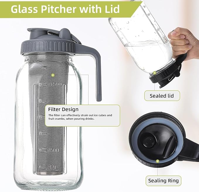 Cold Brew Maker with V-Spout, 2 Quart (64oz) Glass Pitcher with Lid, Easy Pour Breast Milk Pitcher for Iced Tea, Cold Brew Coffee, Milk and Water - Grey