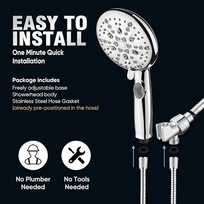 Cobbe High Pressure Shower Head with Built-in Pause Button, 9-Function Detachable Showerhead with Handheld Brass Swivel Bracket & Stainless Steel Hose, Water Saving 1-Click Stop, Chrome