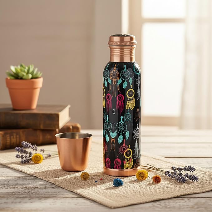Pure Printed Copper Water Bottle - Leak Proof Ayurvedic Drinkware Copper Vessel for Sports, Gym, Outdoors, Yoga, Health Benefits