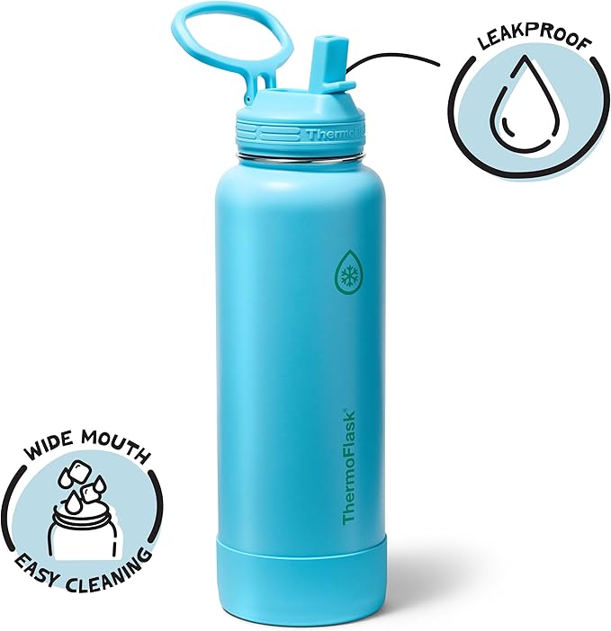 ThermoFlask 40 oz Double Wall Vacuum Insulated Stainless Steel Water Bottle with Straw Lid, Vivid Blue