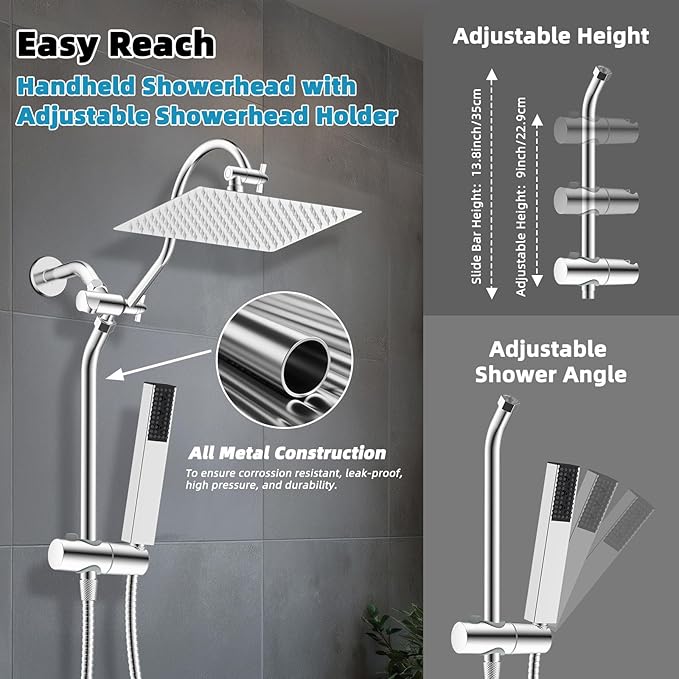 Hibbent cUPC Certified High Pressure 12'' Rainfall Shower Head, Showerhead Combo with 4-mode Handheld Spray, 12'' Adjustable Extension Arm, Extension Bar, Easy Reach Holder, 71'' Hose, Chrome