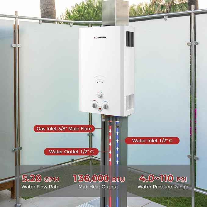 Camplux Tankless Water Heater, 5.28 GPM Outdoor Propane Camping Gas Water Heater, 20L, BW528, White
