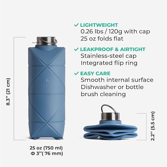 DiFOLD Origami Bottle - The Original 25 oz Collapsible Water Bottle - Plant-based, Non-silicone | Odorless, Durable, BPA-Free | Lightweight & Foldable for Travel, Outdoor, Camping, Sports, Gym | Blue