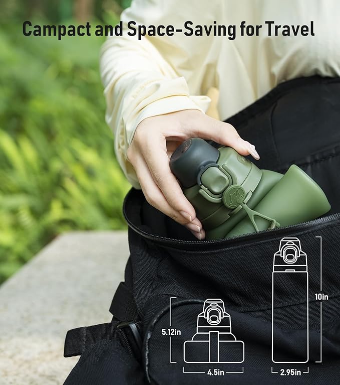 TakeToday Collapsible Water Bottles 20oz (600mL), Foldable Platinum Silicone Travel Water Bottle with Straw & Carry Strap, Leak-Resistant Screw Lid, Wide Mouth, BPA-Free for Hiking, Camping, Travel