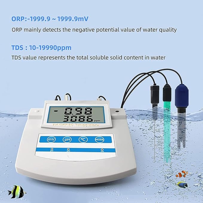 Smart Water Quality Monitor, 6 in 1 Pool Monitor Continuous Monitor Tester, PH ORP TDS EC CF Temperature Benchtop Tester Meter for Swimming Pool, Aquarium, Laboratory.