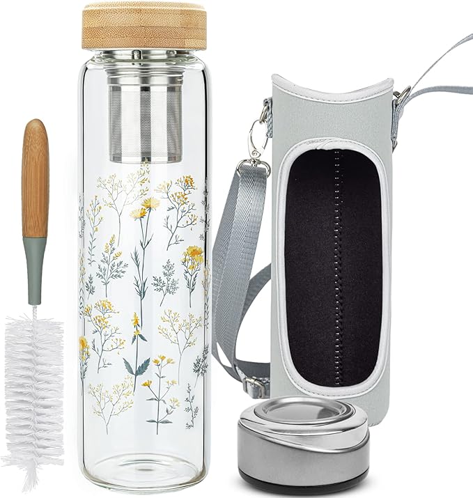 32oz Borosilicate Glass Water Bottle with Tea Infuser, Tea Tumbler with Strainer, Reusable Travel Mug with Sleeve & 2 Lids, Glass Drinking Bottle for Hot or Cold Drinks