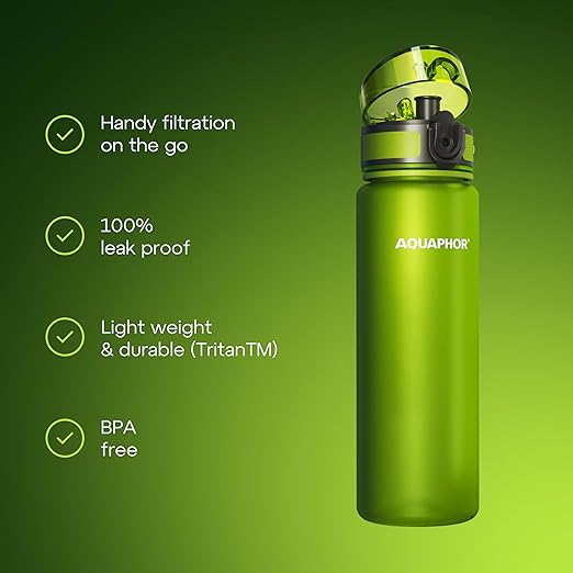 AQUAPHOR City Filtered Water Bottle in Tritan BPA-free - Portable with Integrated Water Purifying Filter 500 ml - Green
